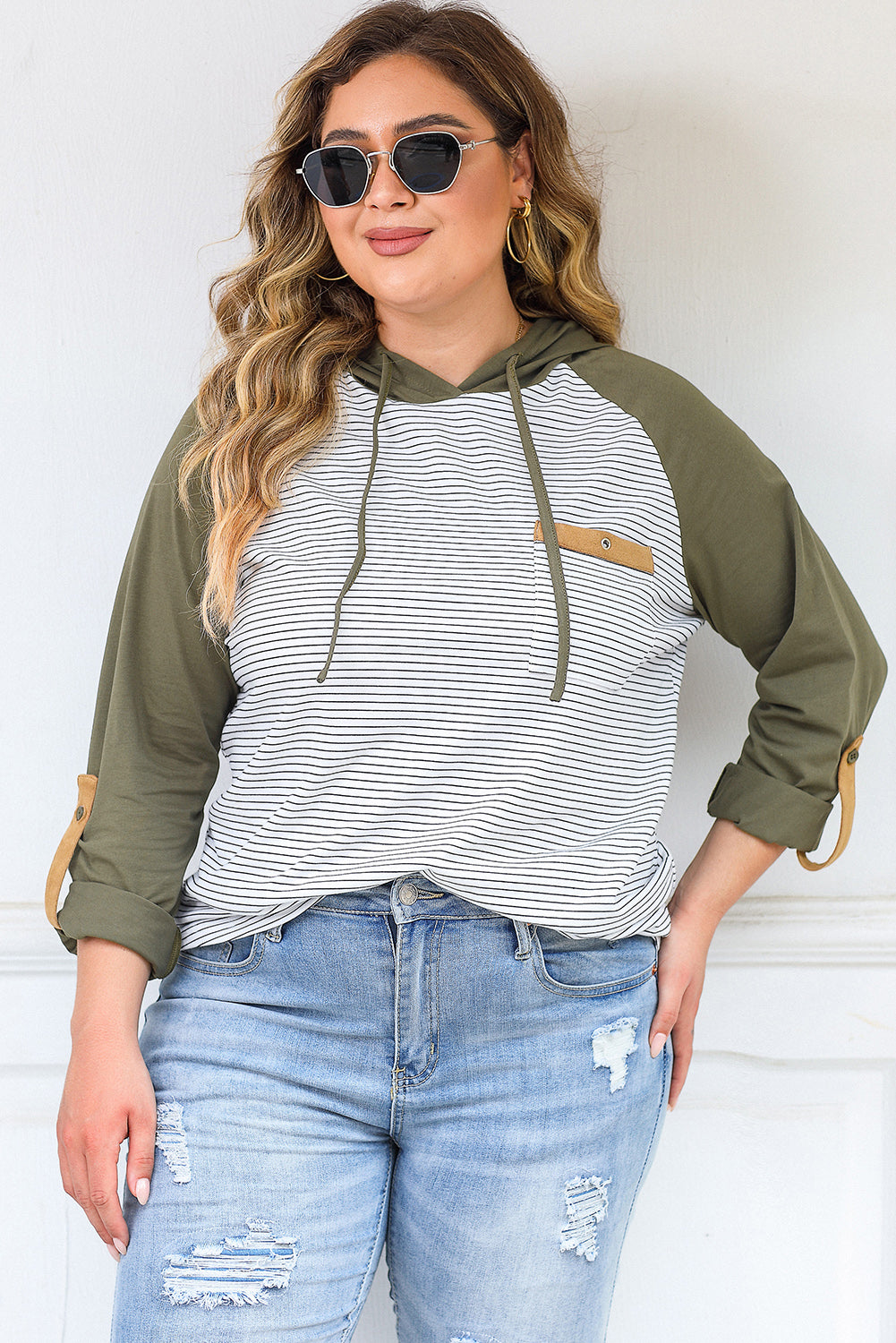 Green Striped Raglan Sleeve Pocket Plus Size Hoodie