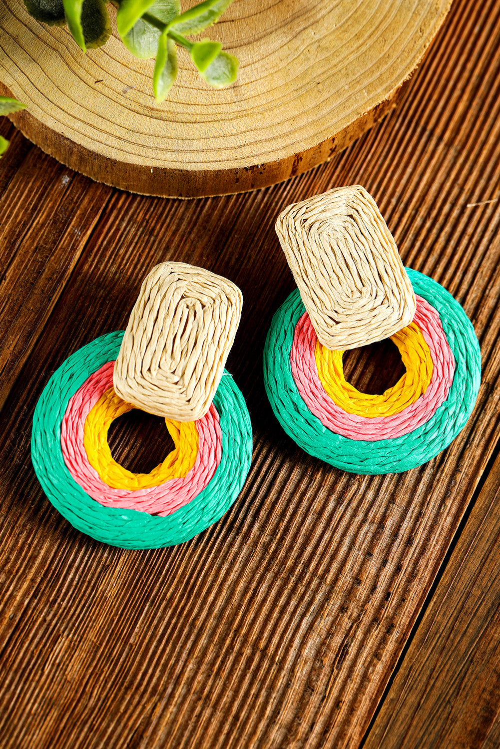 Green Colorblock Boho Woven Hoop Earrings