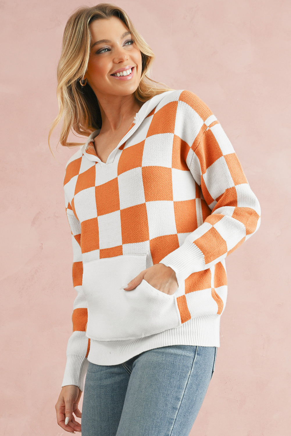 Gold Flame Checkered Split Neck Kangaroo Pocket Hooded Sweater