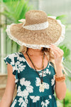 Parchment Boho Woven Ruffle Lace Trim Knot Vacation Hat