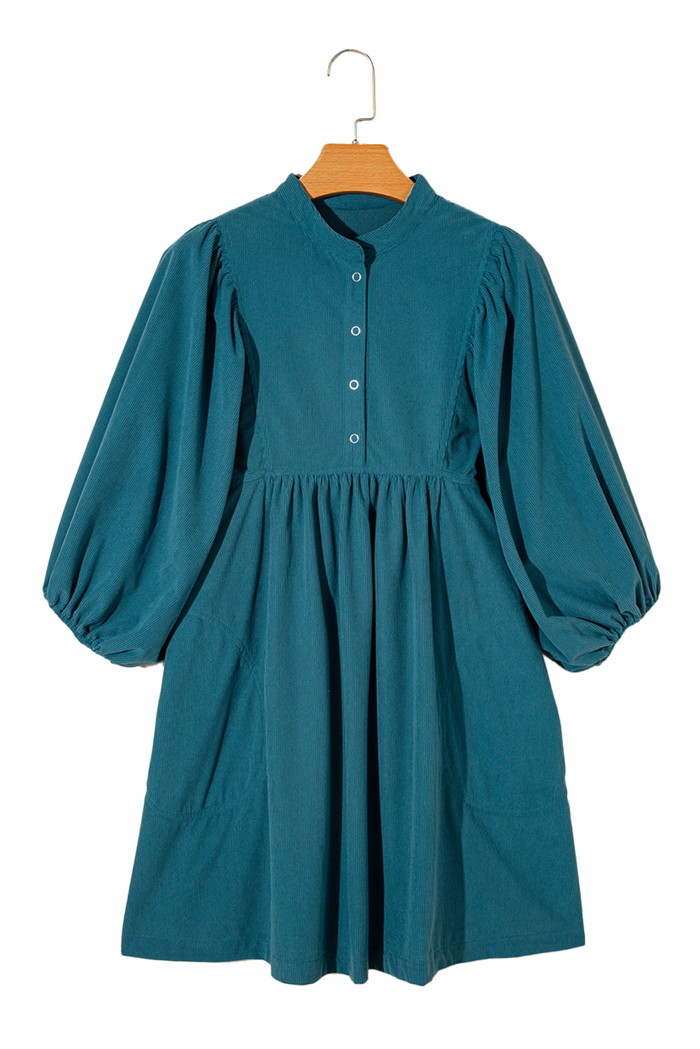 Vineyard Green Light Snap Button Empire Waist Lantern Sleeve Corduroy Dress