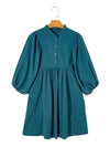 Light Blue Snap Button Empire Waist Lantern Sleeve Corduroy Dress