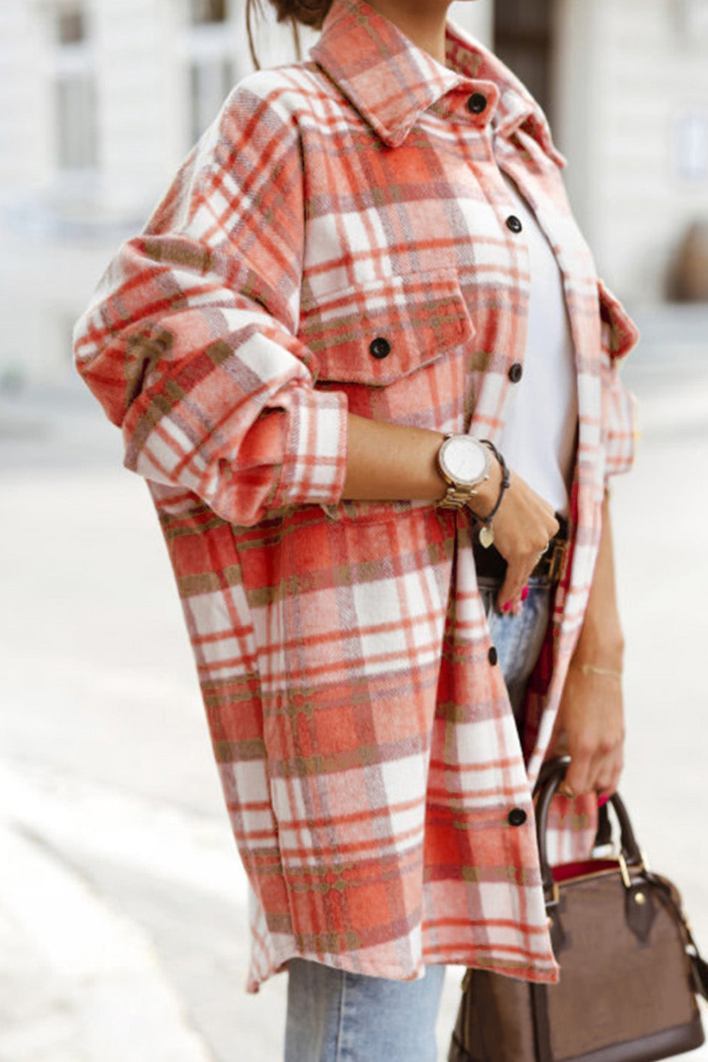 Sky Blue Plaid Flap Pocket Long Sleeve Shacket