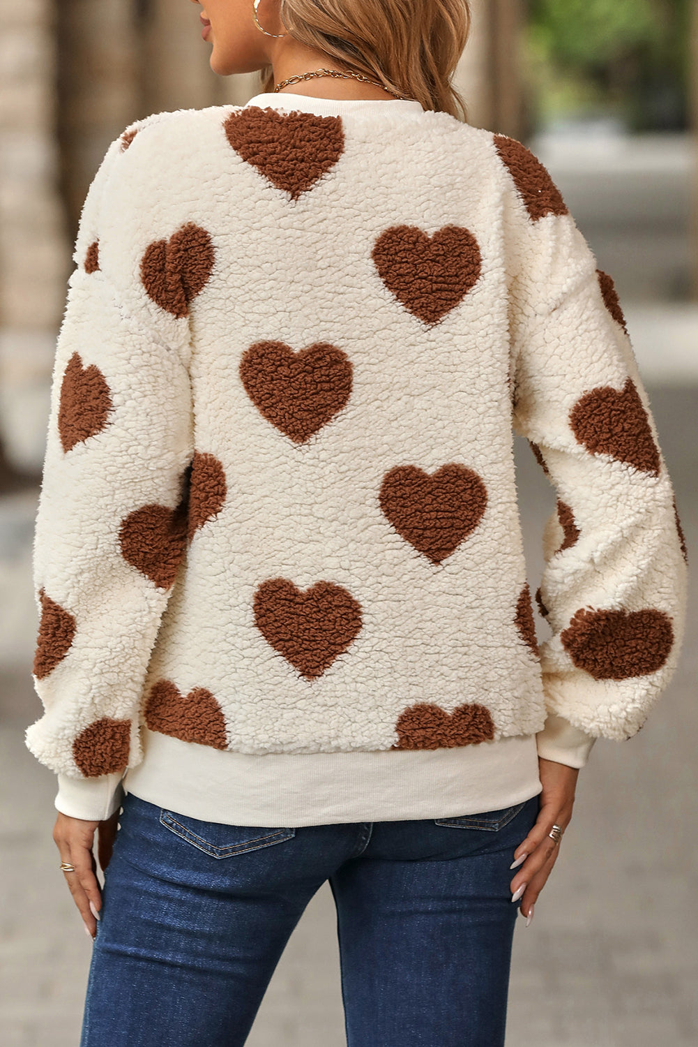 Chestnut Heart Shape Drop Shoulder Crewneck Plush Sweatshirt