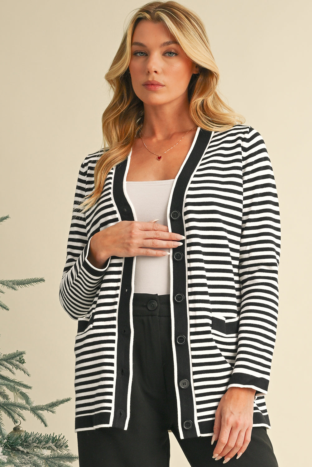 Black Striped Pocketed Button Long Cardigan