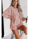 Pink Solid Ribbed Round Neck Pullover Sweatshirt