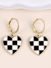 Black Checkered Heart Shape Hoop Dangle Earrings