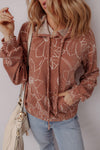 Brown Floral Twisted Rib Drawstring Kangaroo Pocket Hooded Top