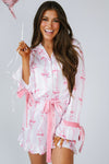 Pink Bow Print Bell Sleeve Shirt and Ruffle Hem Shorts Pajama Set