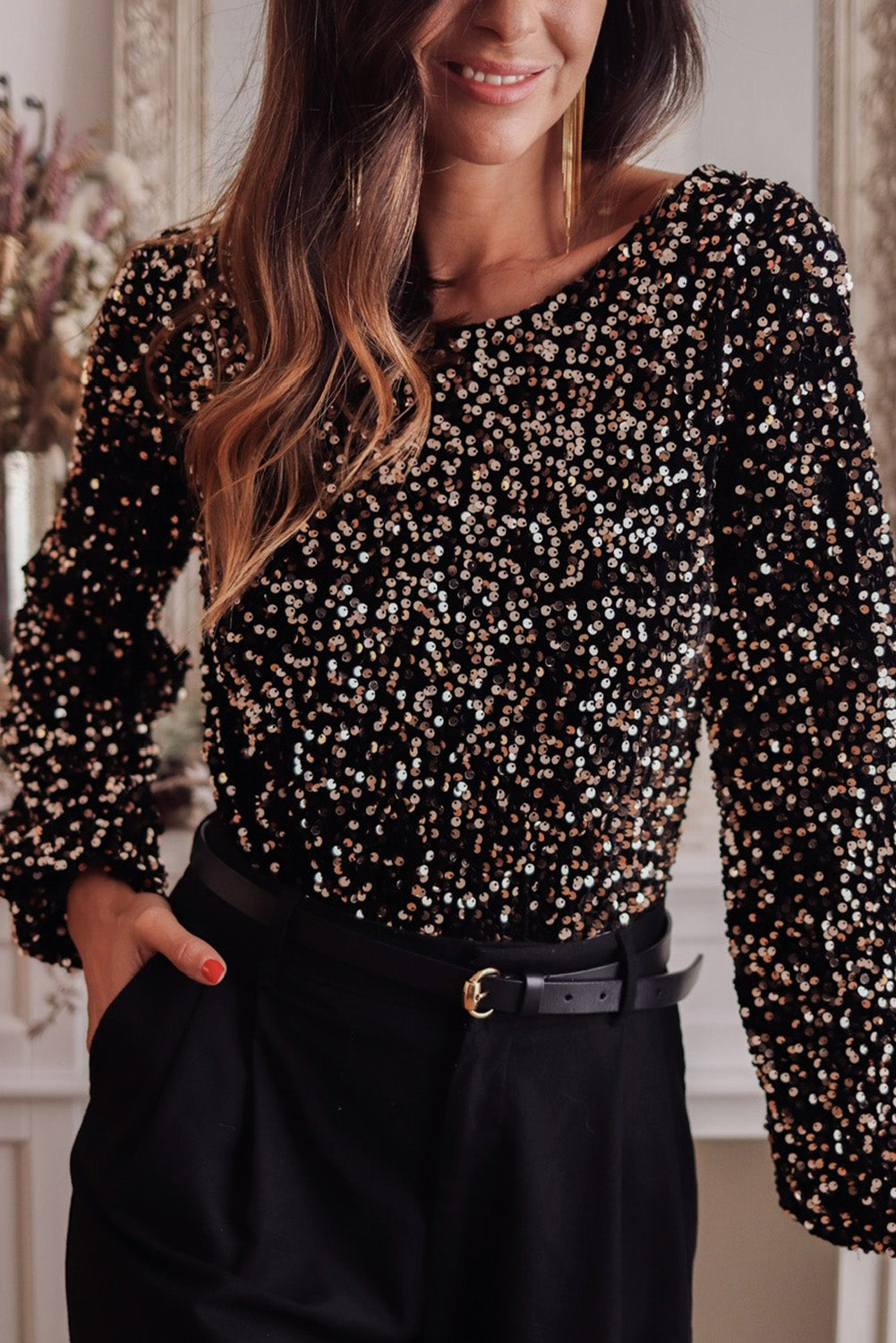 Bodysuit Black Sequin Deep V Back Puff Sleeve Bodysuit.