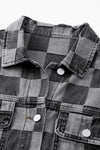 Black Checkered Patchwork Button Up Denim Jacket