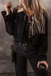 Black Fleece Lined Button-up Collared Crop Jacket