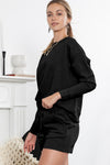 Black Textured Long Sleeve Top & Drawstring Shorts Set