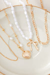 Gold Bow and Heart Pendant Pearl Chain Necklace Set