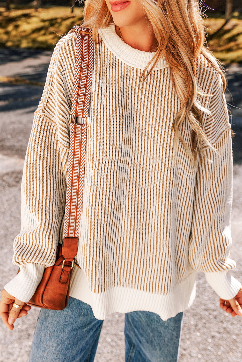 Bright Pink Striped Contrast Trim Loose Sweater