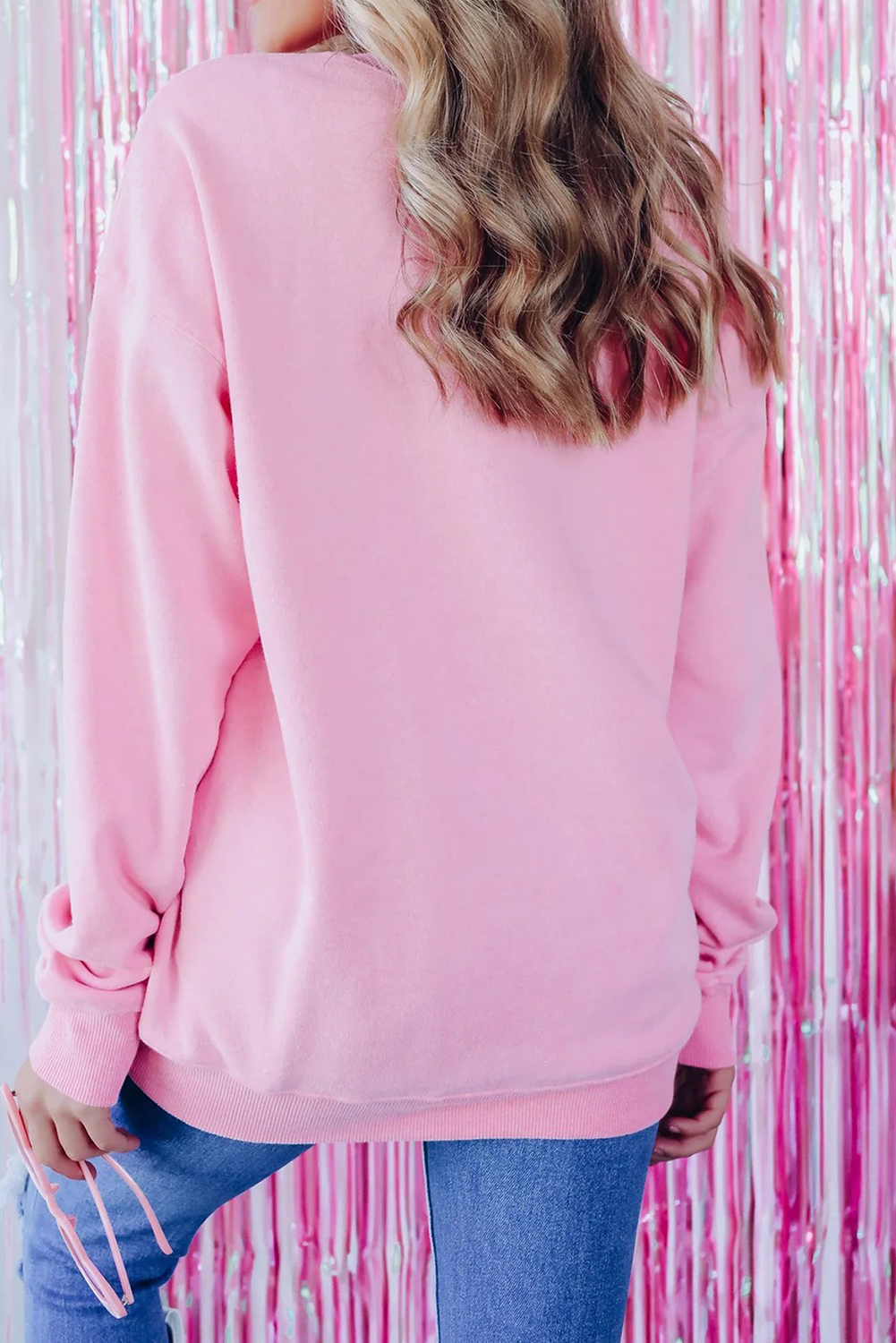 Pink Sequins Christmas Tree Round Neck Sweatshirt