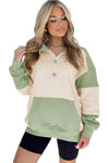 Laurel Green Colorblock Patchwork Buttoned Collar Kangaroo Pocket Sweatshirt