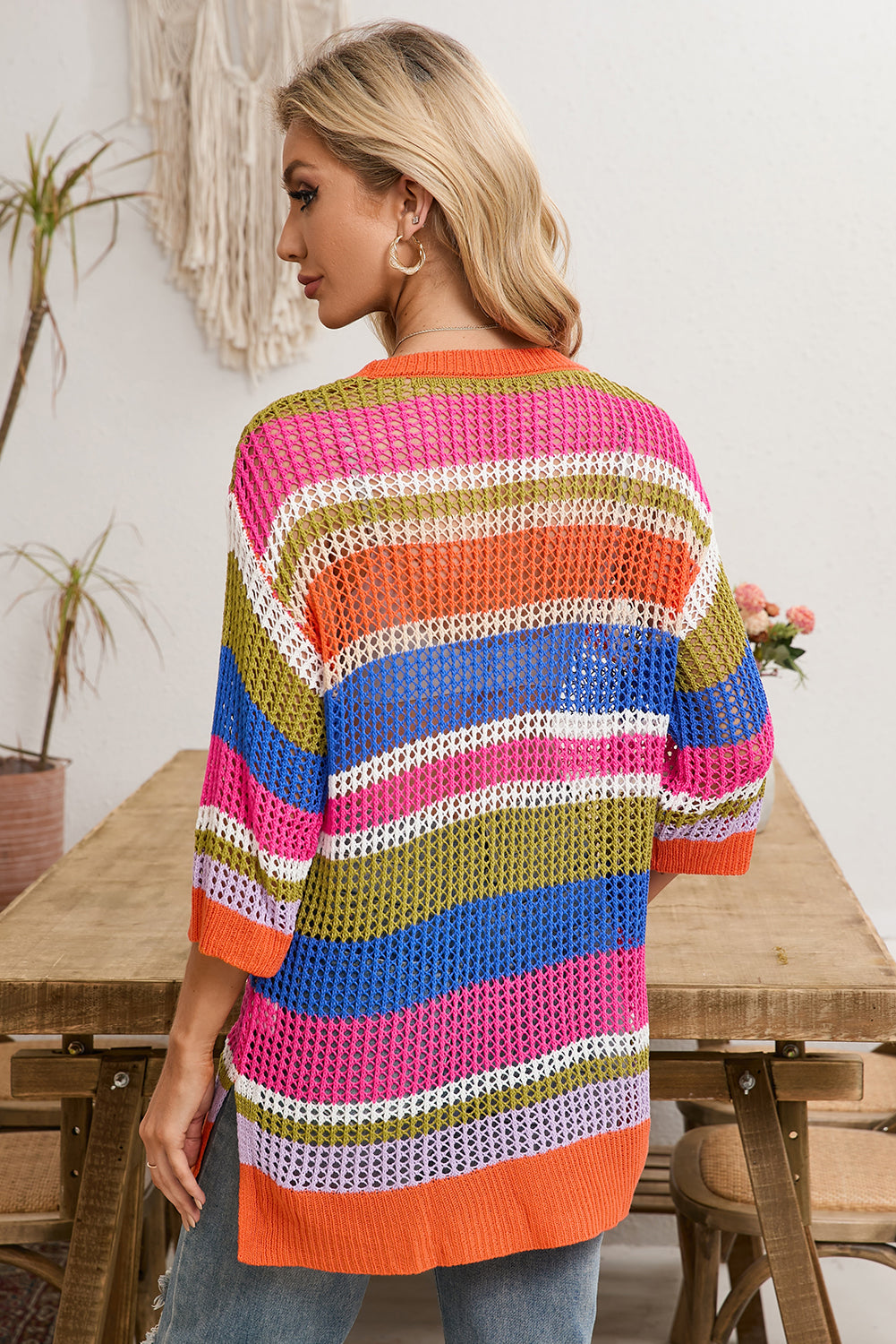 Pink Striped Color Block Hollow Crochet 3/4 Sleeve T Shirt