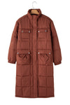 Coffee Quilted Puffer Stand Neck Zipped Mid-length Coat