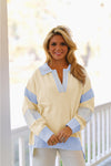 Sky Blue Striped V Neck Collared Colorblock Patchwork Sweater