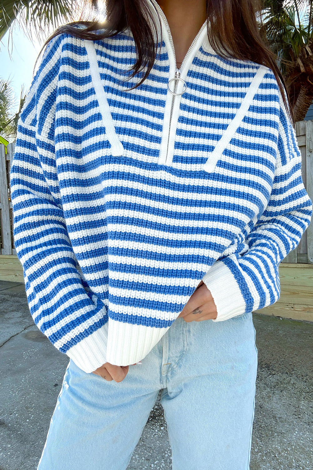 Pink Stripe Zip Up Collar Drop Sleeve Sweater