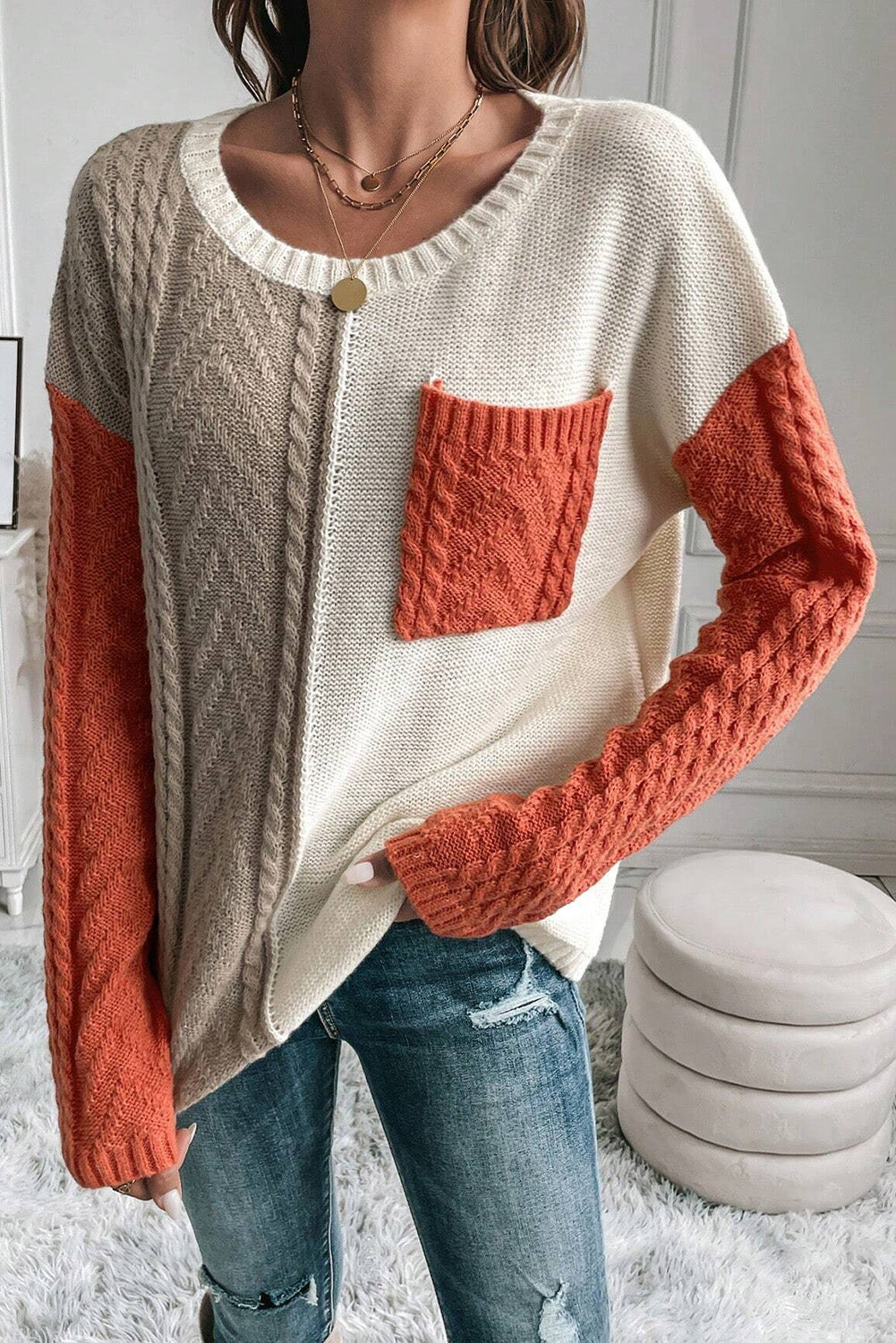 Rose Tan Colorblock Pocket Drop Shoulder Sweater