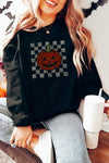 Black Rhinestone Jack-o-lantern Checkered Graphic Halloween Sweatshirt