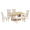 TOPMAX Contemporary 6-Piece 78inch Extendable Pedestal Dining Table Set with 18inch Removable Leaf and Dining Bench, 4 Upholstered Dining Chairs, Natural