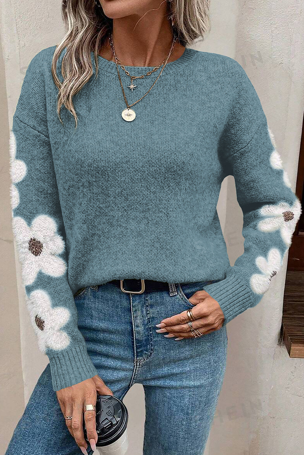 Jet Stream Flower Sleeve Drop Shoulder Sweater