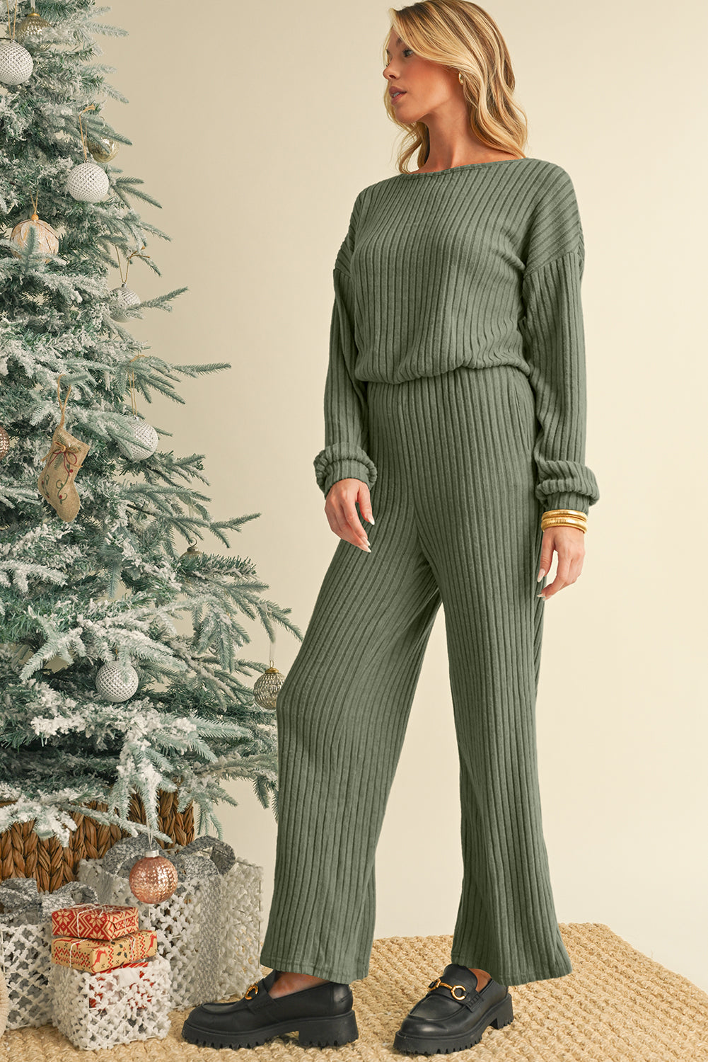 Laurel Green Solid Ribbed Knit Keyhole Back High Waist Jumpsuit