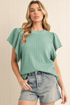 Beige Solid Color Textured Ruffle Short Sleeve Knit Top