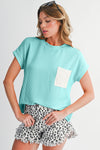 Dark Blue Corded Knit Color Block Pocketed Crew Neck T Shirt