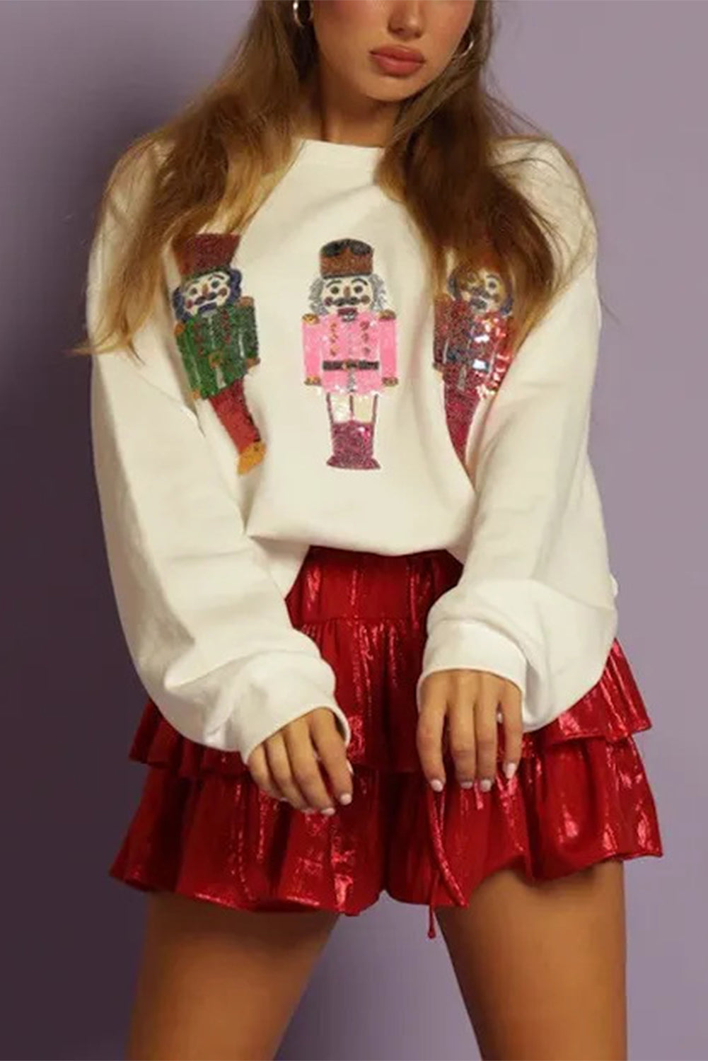 Apricot Nutcracker Fall And Winter Sequins Round Neck Pullover Sweatshirt