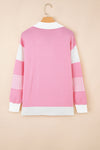 Pink Striped V Neck Collared Colorblock Patchwork Sweater