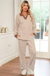 Khaki Stripe Textured Collared Pullover Top and Drawstring Pants Set