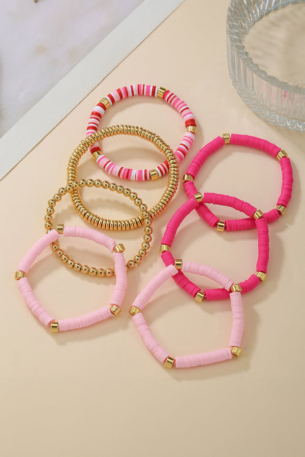 Bright Pink 7pcs Color Block Beaded Bracelet Set