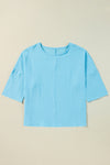 Aruba Blue Plain Crinkled Bracelet Sleeve Flowy Top