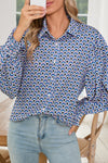 Sky Blue Abstract Print Collared Lantern Sleeve Shirt