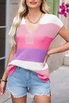 Pink Colorblock Notch V Neck Knit T Shirt