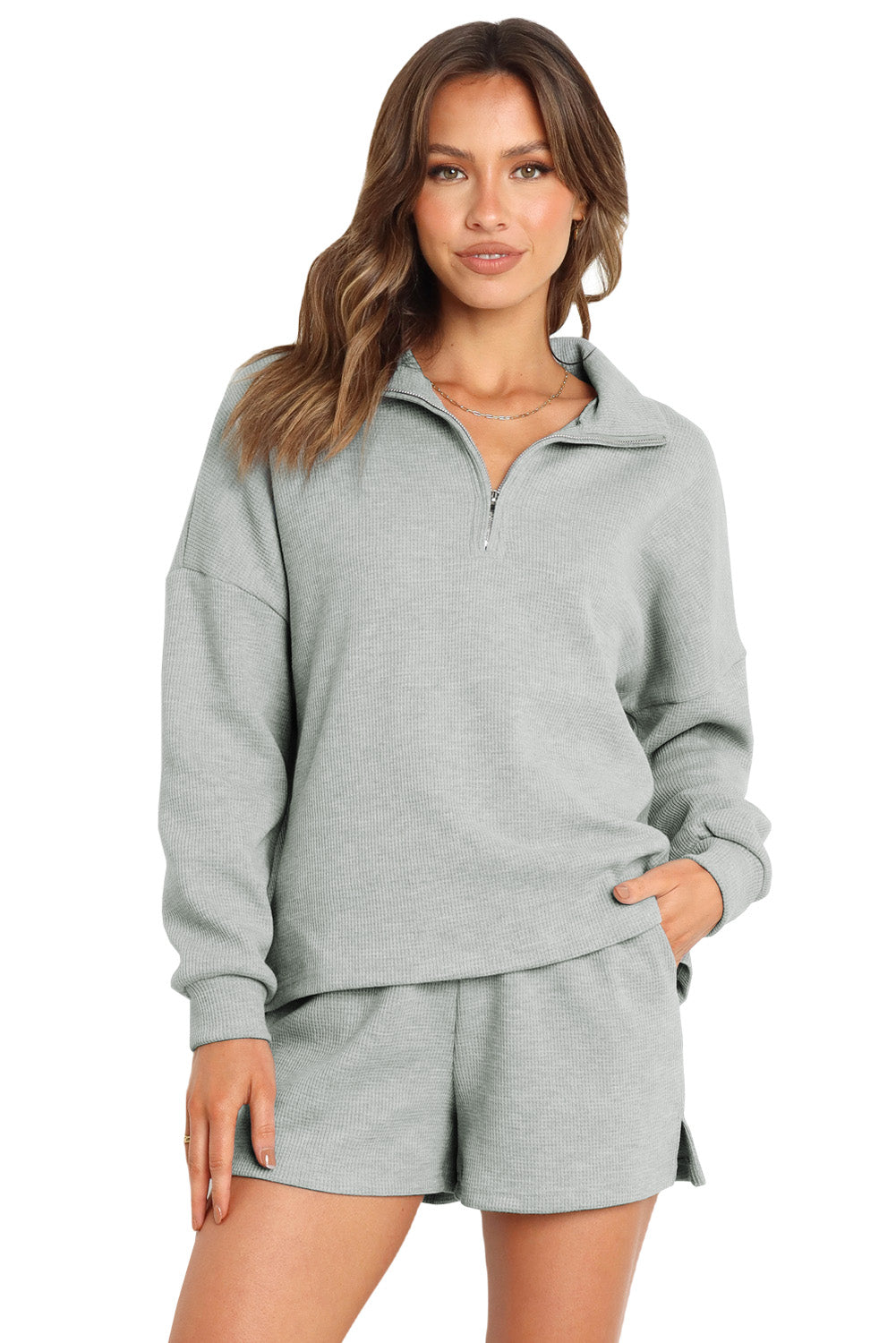 Gray Ribbed Zipper Sweatshirt & High Waist Shorts Set