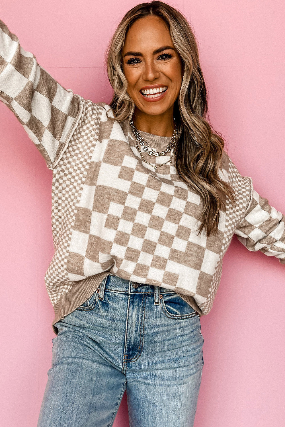 Gray Checkered Drop Shoulder Round Neck Sweater