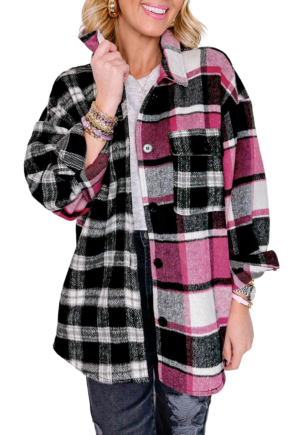 Black Plaid Colorblock Loose Flat Pocket Shacket