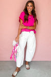 Rose Red Contrast Trim Round Neck Short Sleeve Loose Knit Top