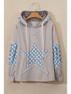 Beau Blue Floral Patchwork Star Pattern Drawstring Hoodie