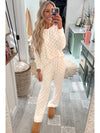 Beige Checkered Print Long Sleeve Loose Fit Pajama Set