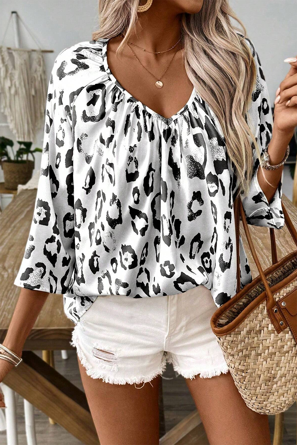 Rose Leopard Print V Neck 3/4 Sleeve Blouse