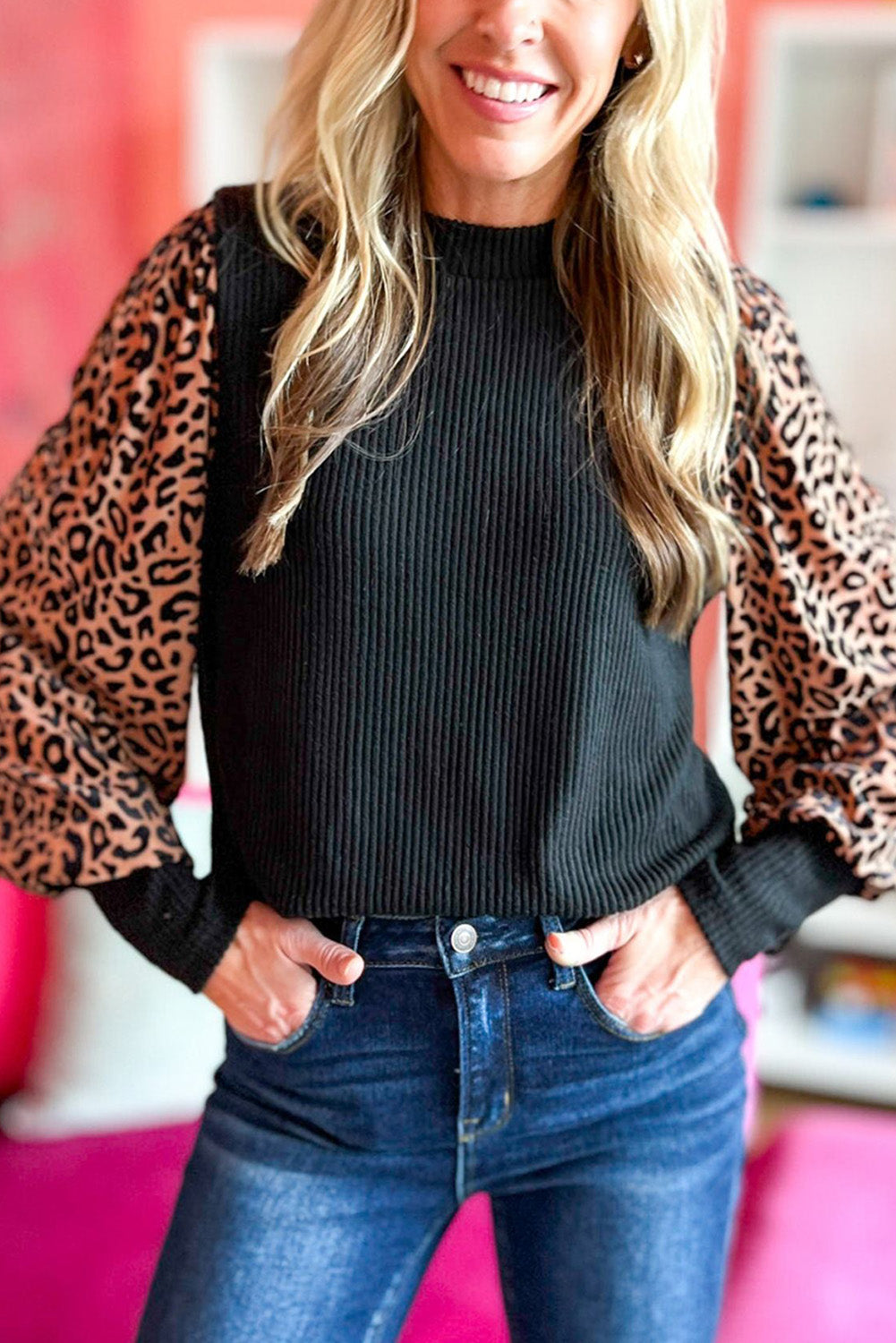 Apricot Leopard Print Long Sleeve Ribbed Knit Blouse