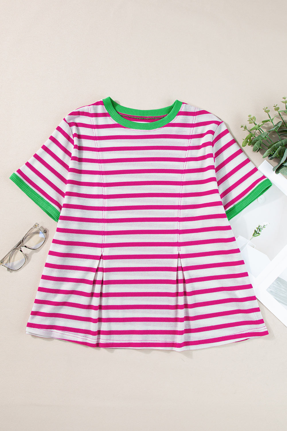 Rose Stripe Contrast Trim Crew Neck Knit Tee