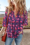 Purple Floral Puff Half Sleeve Split Neck Blouse