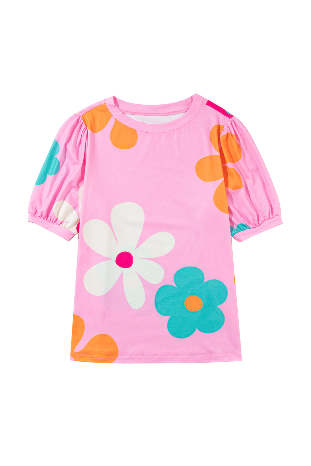 Sky Blue Colorful Flower Print Bubble Sleeve Tee